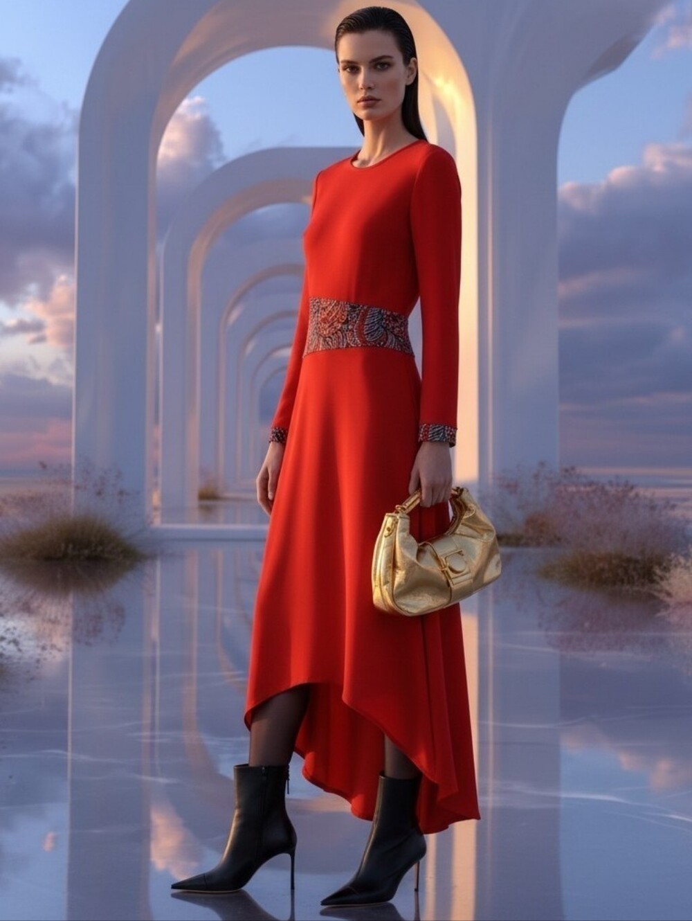 Rare Y2K Deborah Korosec Studio Gang RedMaxi Dress with Paisley Waistband Cuffs